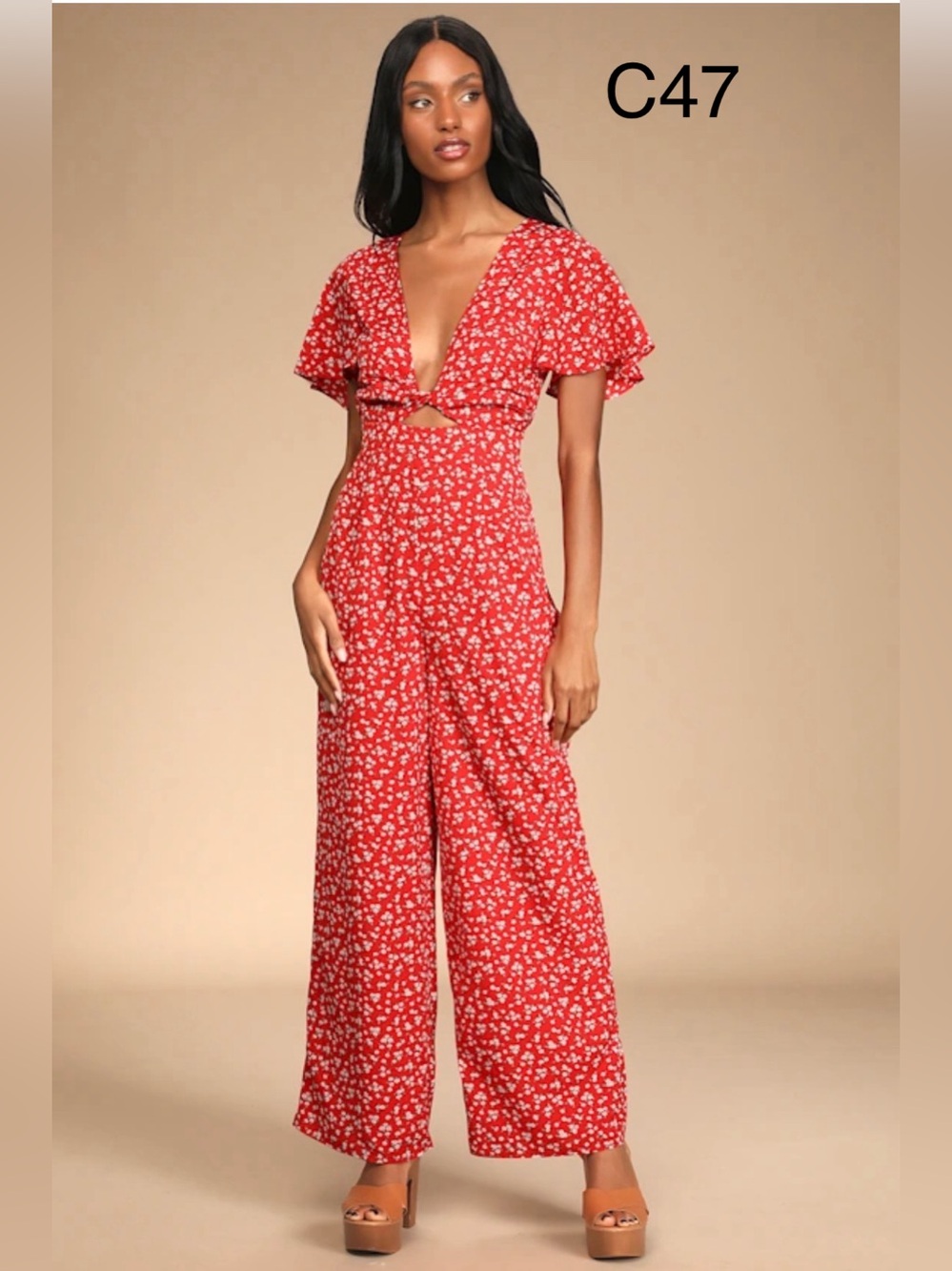 Lulu's Red Floral Cutout Wide-Leg Jumpsuit,Size Medium